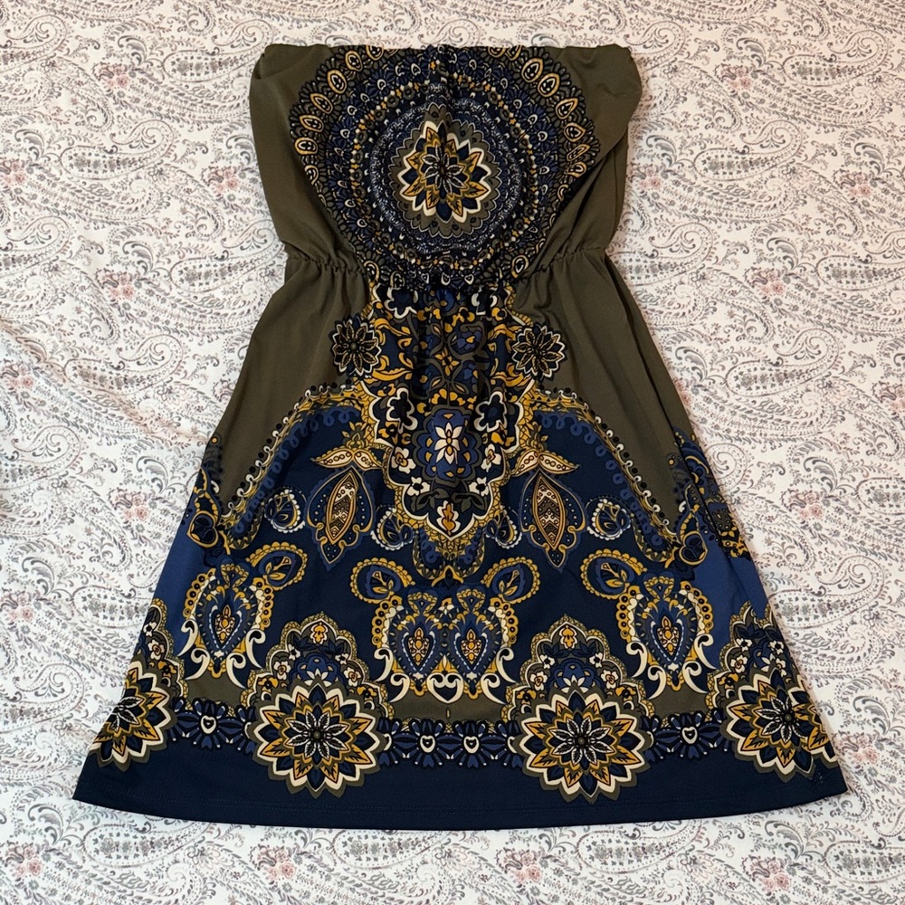Maurices Olive Green and Navy Strapless Printed Sundress